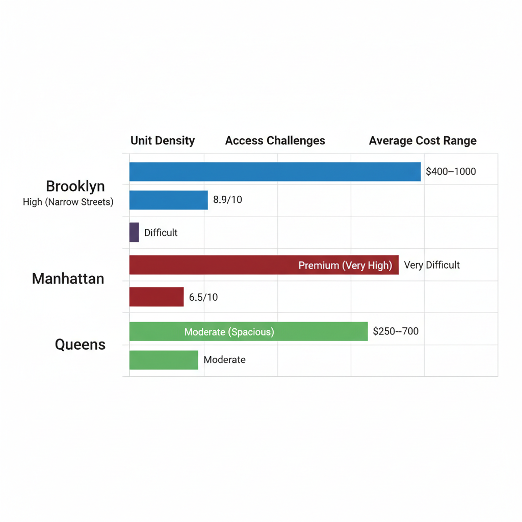 Horizontal bar chart comparing storage unit cleanout challenges across Brooklyn, Manhattan, and Queens boroughs with factors like density, access, and costs.