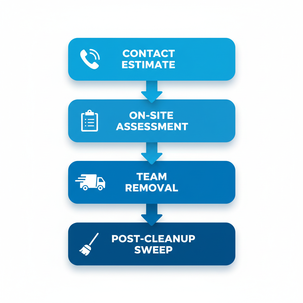 Vertical process flow diagram illustrating four steps for storage unit cleanout: contact for estimate, on-site assessment, team removal, and post-cleanup sweep with relevant icons.