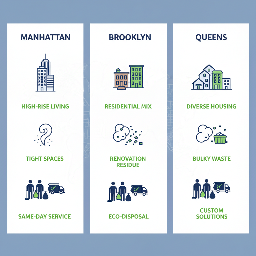 Infographic illustrating post-cleanout cleaning challenges and services in Manhattan, Brooklyn, and Queens neighborhoods