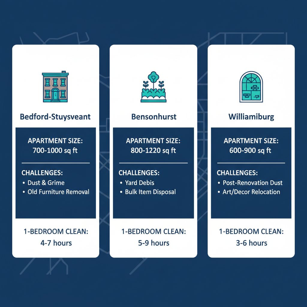 Infographic comparing move out cleaning needs in Brooklyn neighborhoods Bedford-Stuyvesant, Bensonhurst, and Williamsburg