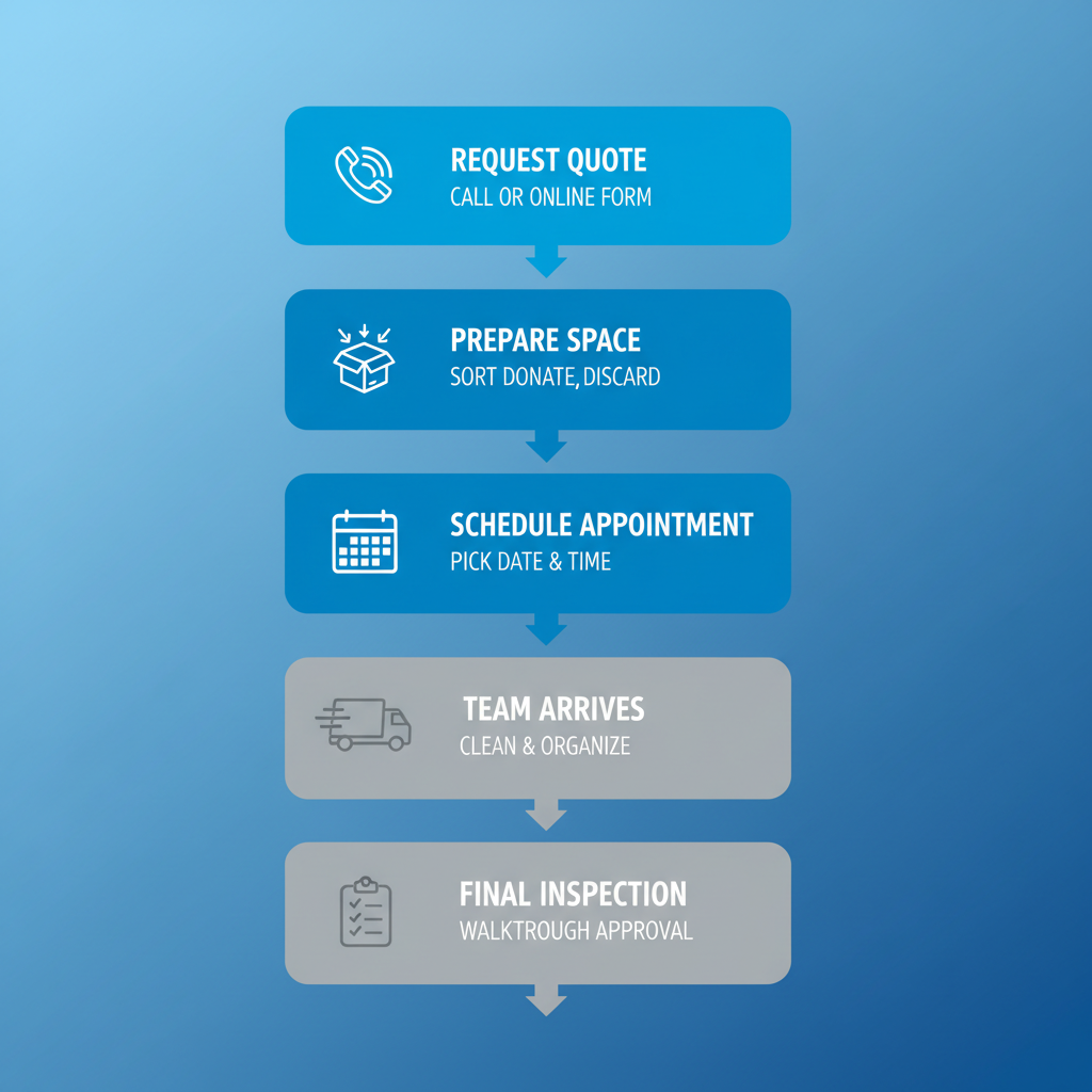 Vertical process flow diagram showing steps to arrange move out cleaning in Brooklyn with icons for each stage