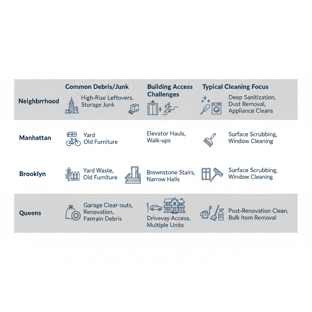 Infographic table comparing move-in cleaning variations in Manhattan, Brooklyn, and Queens neighborhoods, highlighting debris types, access challenges, and cleaning focuses.