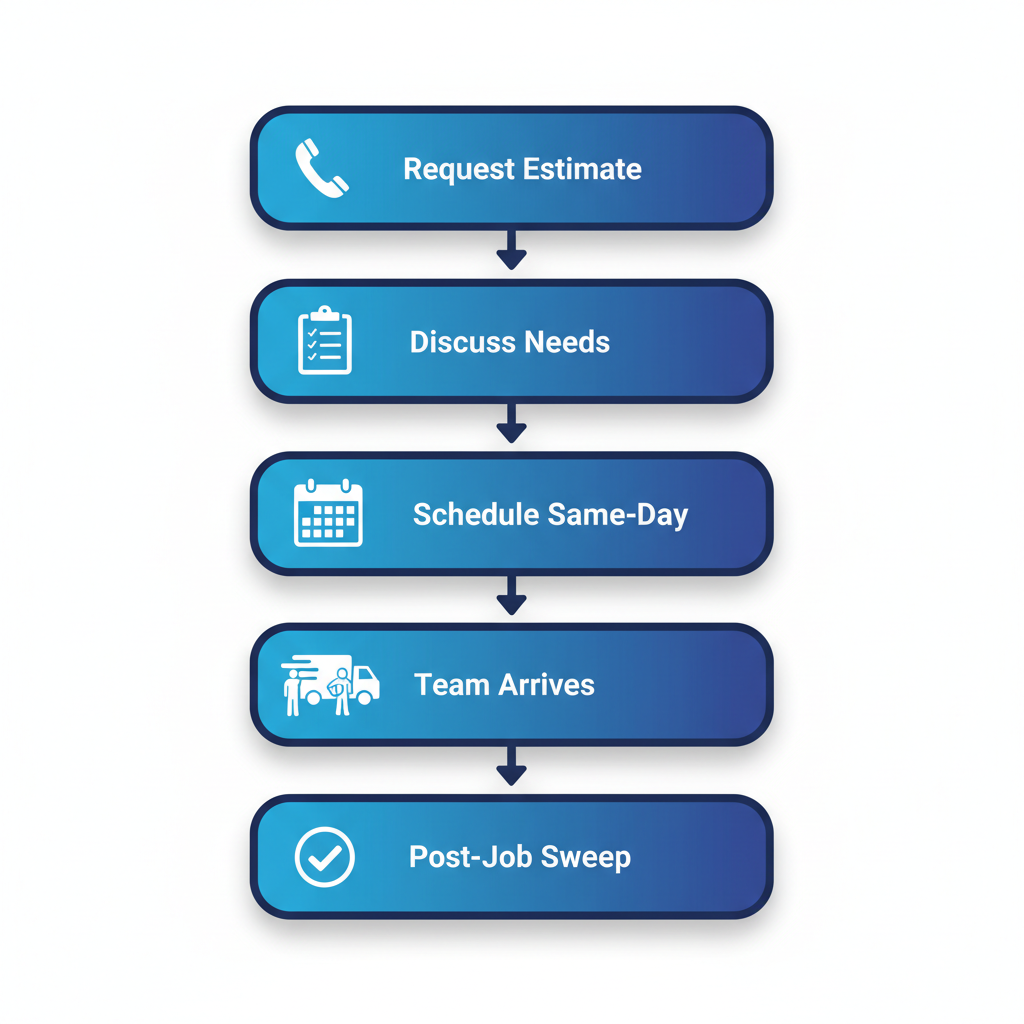 Vertical process flow diagram illustrating the five steps to schedule a move-in clean in NYC: request estimate, discuss needs, schedule, team arrival, and post-job sweep.