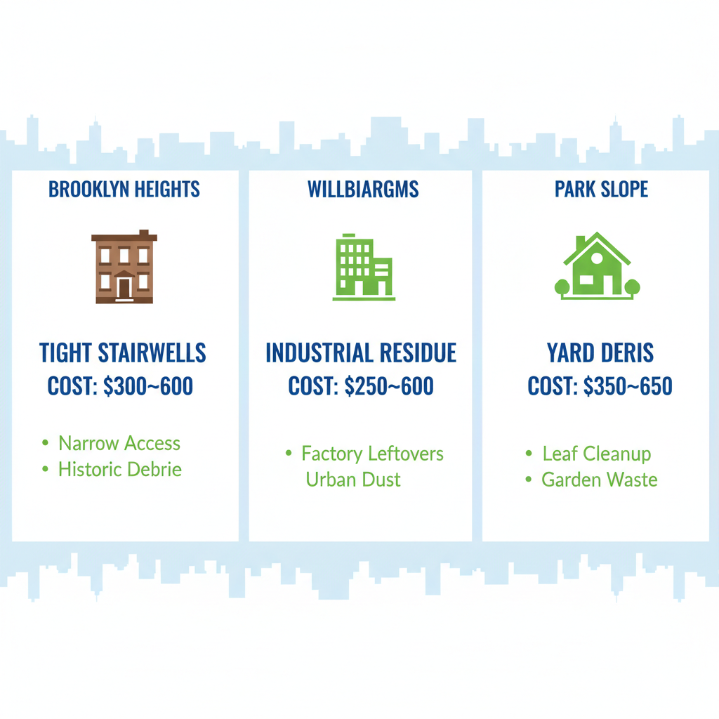 Infographic comparing deep cleaning challenges and costs in Brooklyn Heights, Williamsburg, and Park Slope neighborhoods.