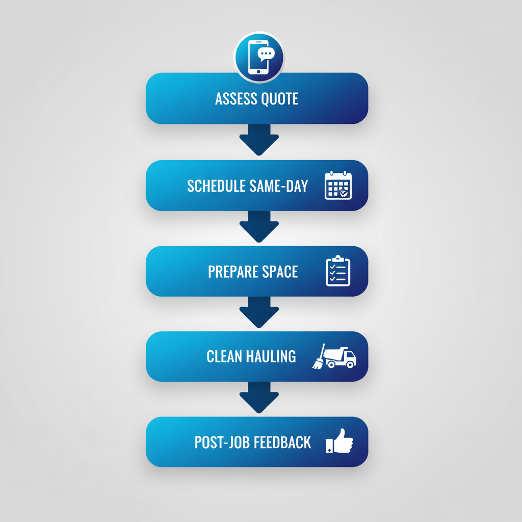 Vertical process flow diagram illustrating five steps to arrange deep cleaning service in Brooklyn, featuring icons and blue rounded stages.
