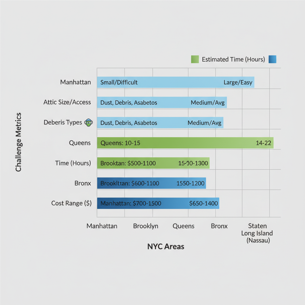 Horizontal bar chart comparing attic cleanout challenges including size, debris, time, and costs across NYC areas