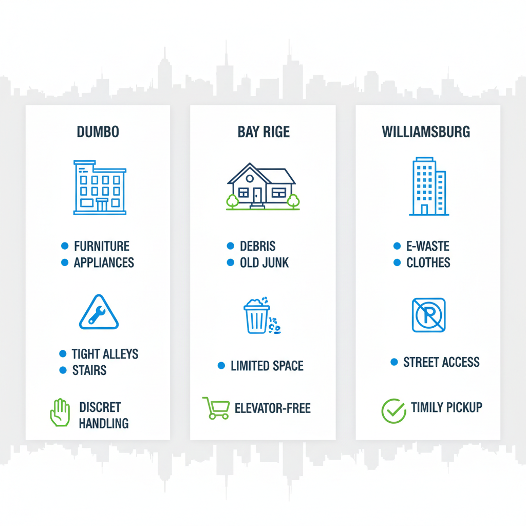Infographic comparing junk removal challenges and services in Bushwick, Bay Ridge, and Borough Park neighborhoods with icons for junk types, urban issues, and solutions.