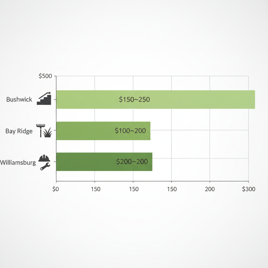Horizontal bar chart comparing average junk removal costs in Bushwick ($150-$250), Bay Ridge ($100-$200), and Williamsburg ($200-$300) with neighborhood-specific icons.