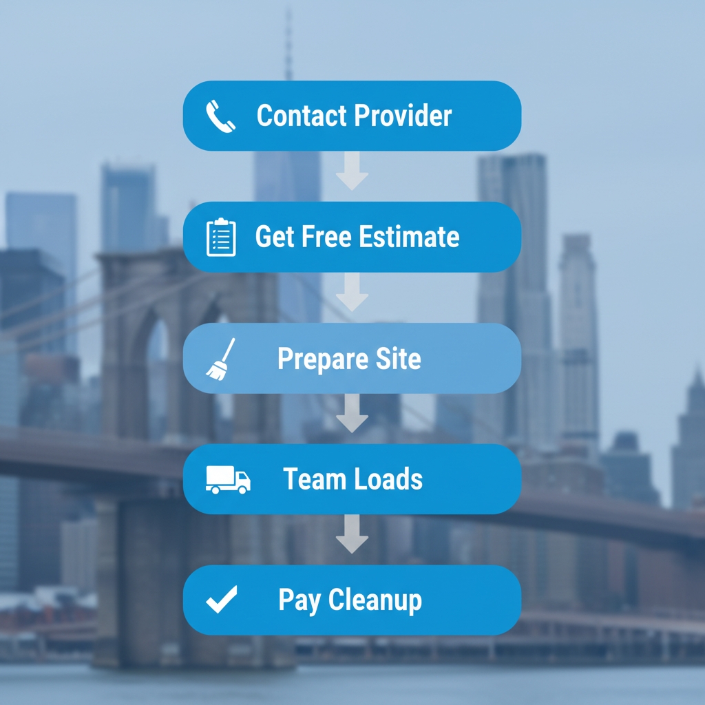 Vertical process flow diagram illustrating five key steps for arranging junk removal in Brooklyn with icons.