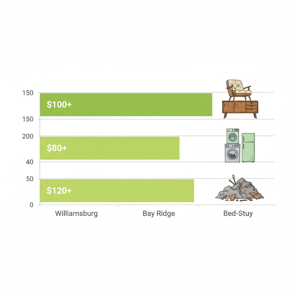 Horizontal bar chart comparing junk pickup costs in Brooklyn neighborhoods: Williamsburg $100+, Bay Ridge $80+, Bed-Stuy $120+, with icons for junk types