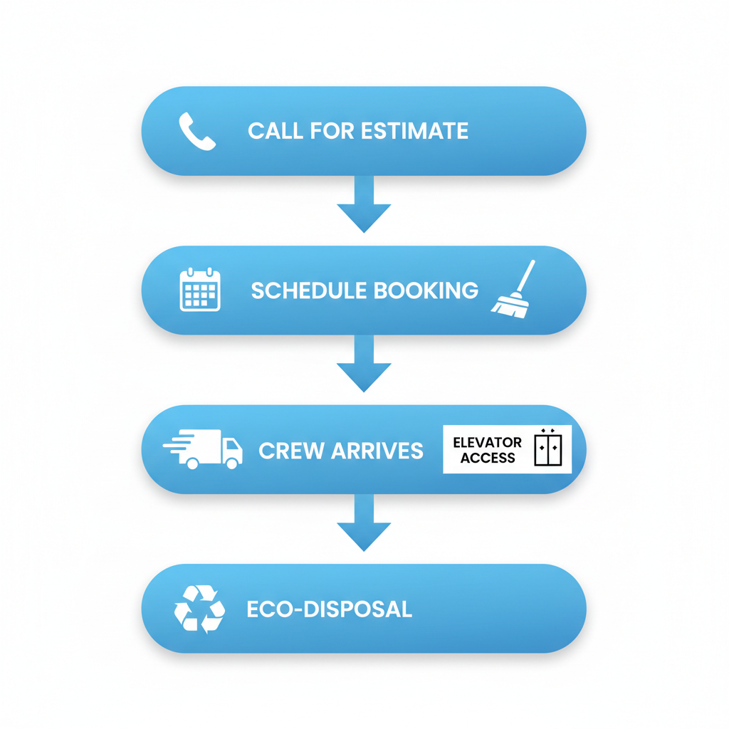 Vertical process flow diagram illustrating the five steps to get started with junk pickup in Brooklyn, featuring icons for each stage.