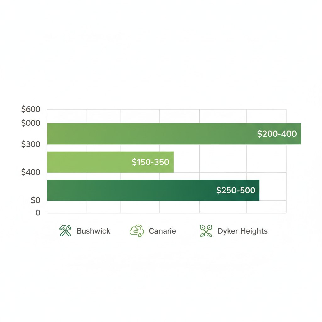 Horizontal bar chart comparing estimated debris removal costs in Bushwick ($200-$400), Canarsie ($150-$350), and Dyker Heights ($250-$500) with debris type icons.