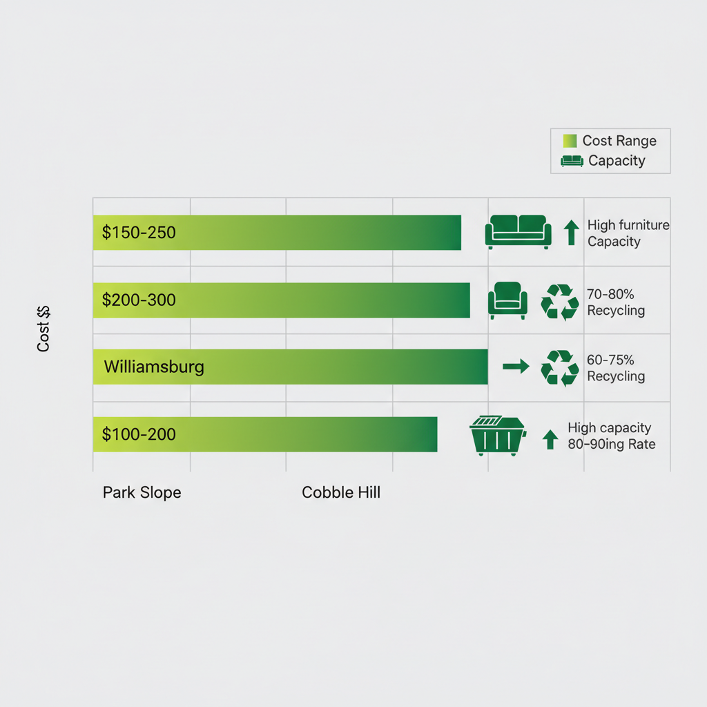 Horizontal bar chart comparing rubbish removal costs, capacities, and recycling rates in Brooklyn neighborhoods including Park Slope, Williamsburg, and Cobble Hill