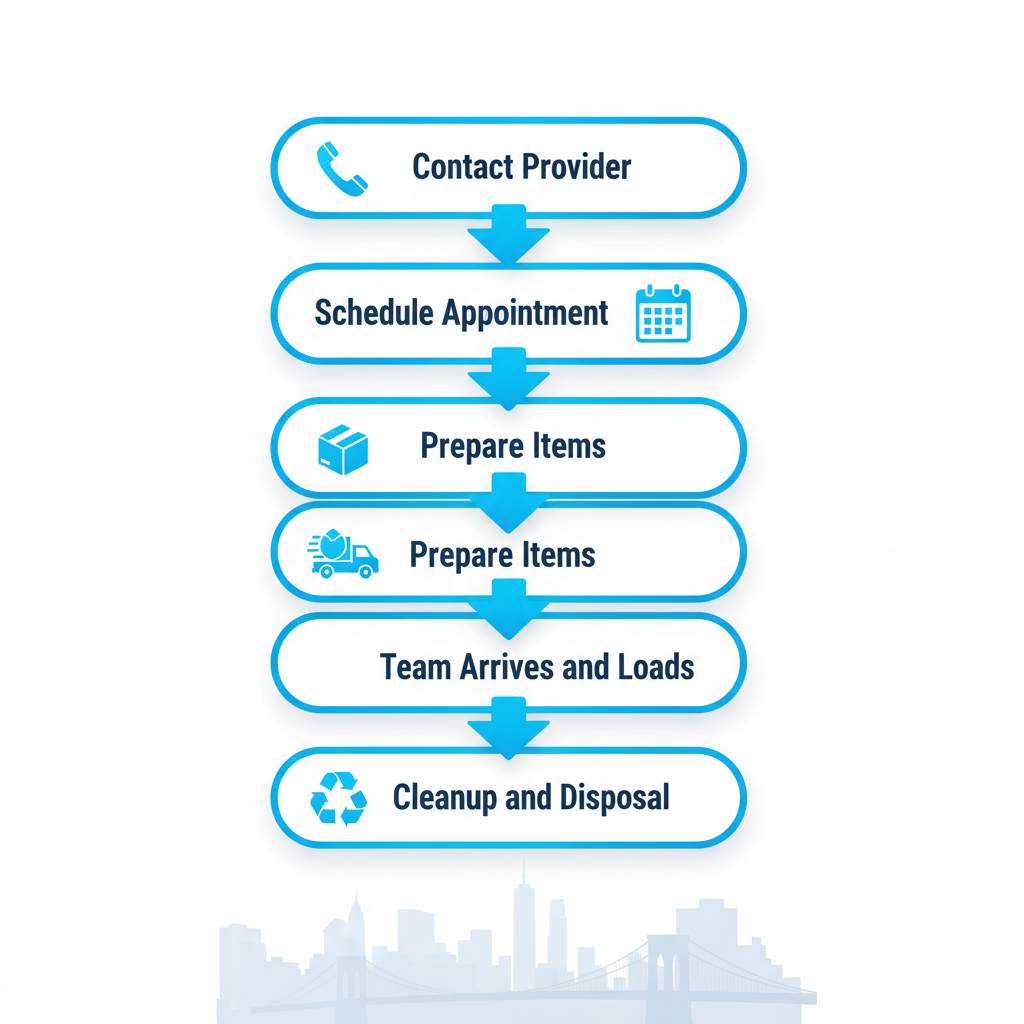 Vertical process flow diagram showing five steps for rubbish removal in Brooklyn with icons and blue arrows.