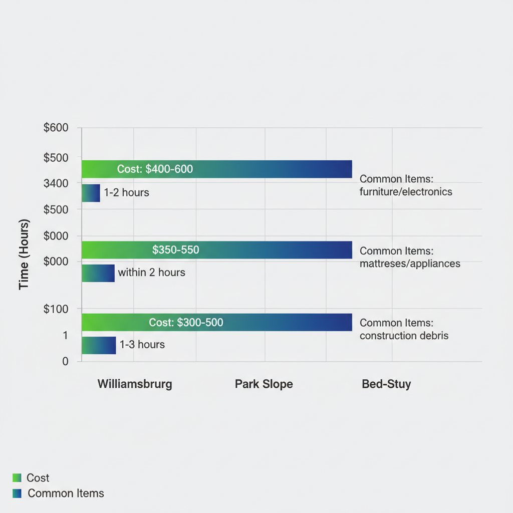 Horizontal bar chart comparing average costs, response times, and common items for same-day junk removal in Brooklyn neighborhoods: Williamsburg, Park Slope, and Bed-Stuy.