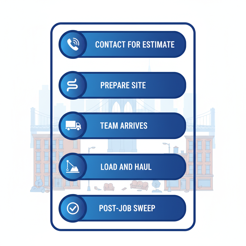 Vertical process flow diagram illustrating the five steps for requesting same-day junk removal in Brooklyn, featuring icons for each stage.
