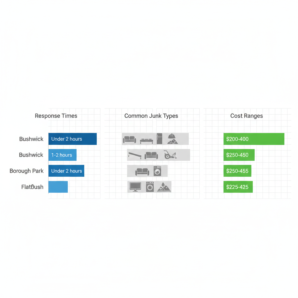 Horizontal bar chart comparing response times, common junk types, and cost ranges for emergency junk removal in Bushwick, Borough Park, and Flatbush neighborhoods.