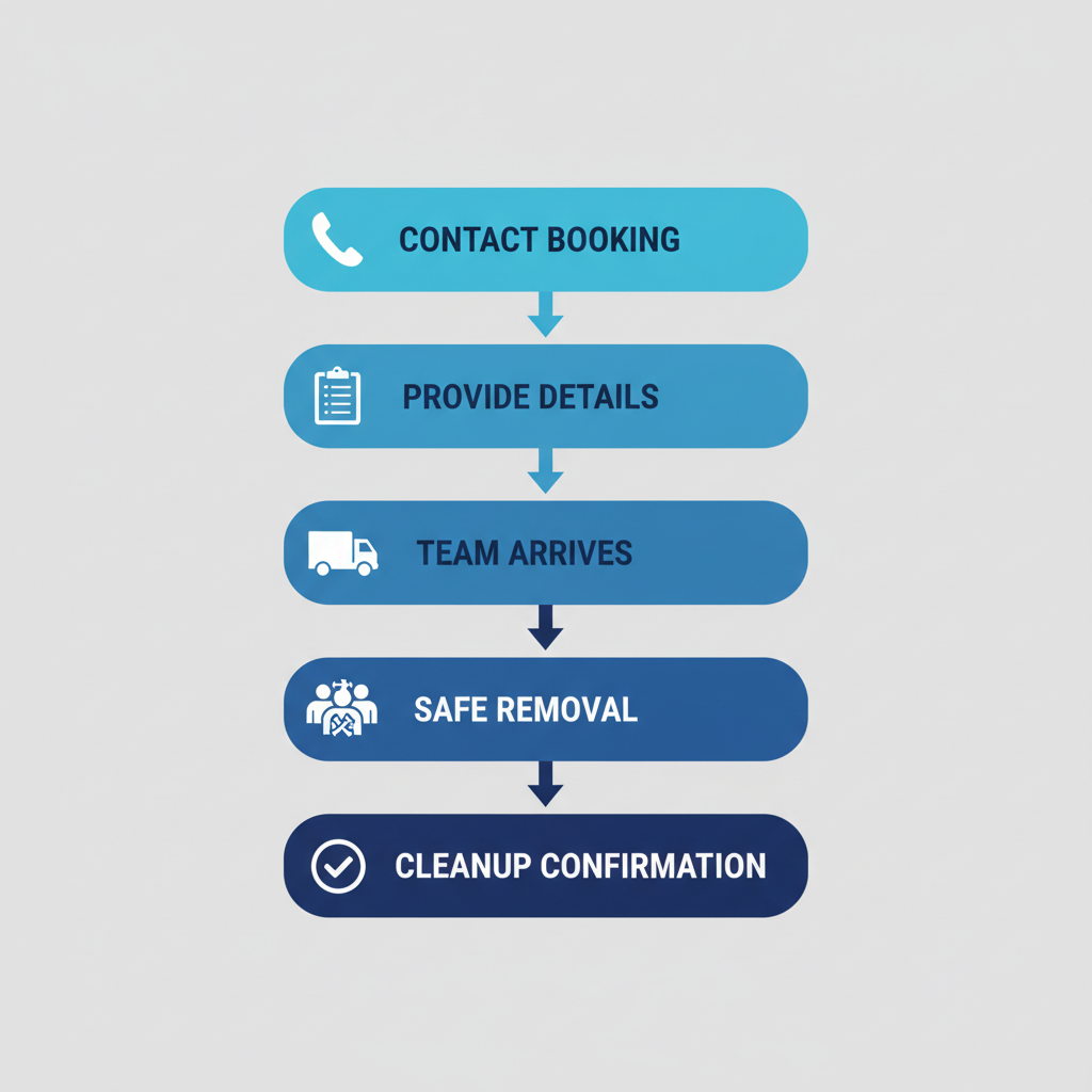 Vertical process flow diagram showing five steps for arranging emergency junk removal in Brooklyn with icons and labels