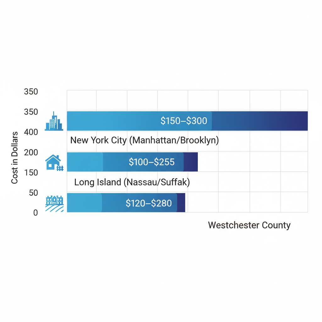 Horizontal bar chart comparing junk removal costs in New York City, Long Island, and Westchester County with cost ranges and area icons.