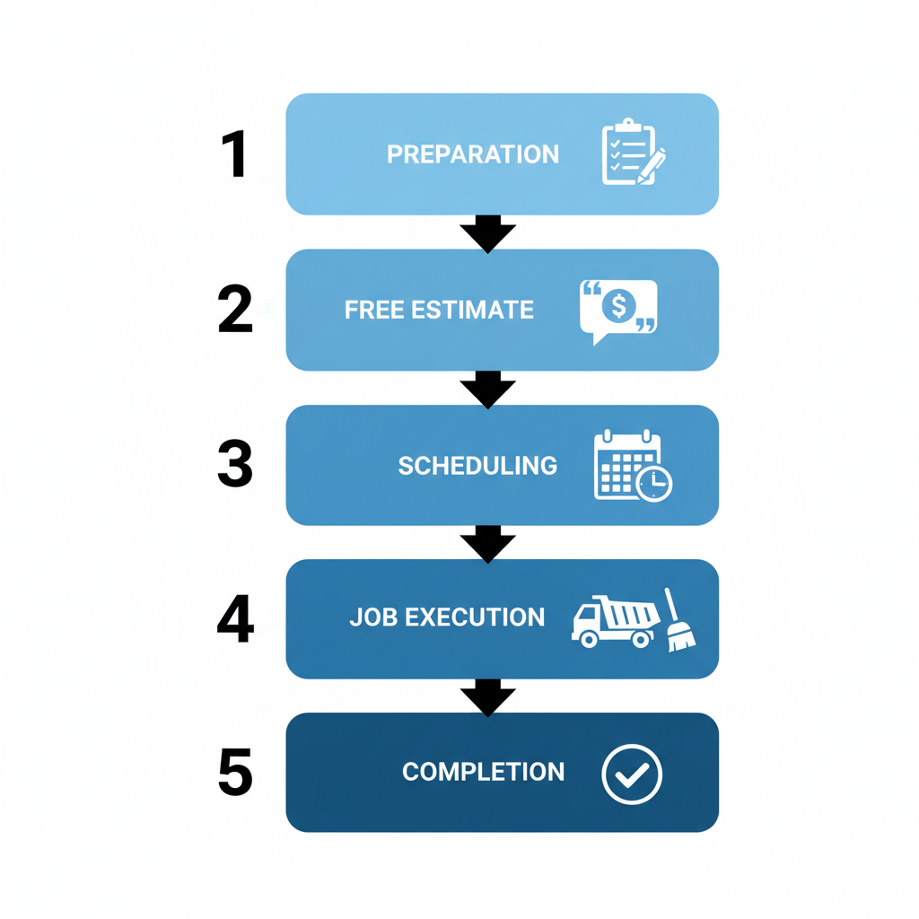Vertical process flow diagram showing five steps for scheduling junk removal in New York: preparation, estimate, scheduling, execution, and completion.