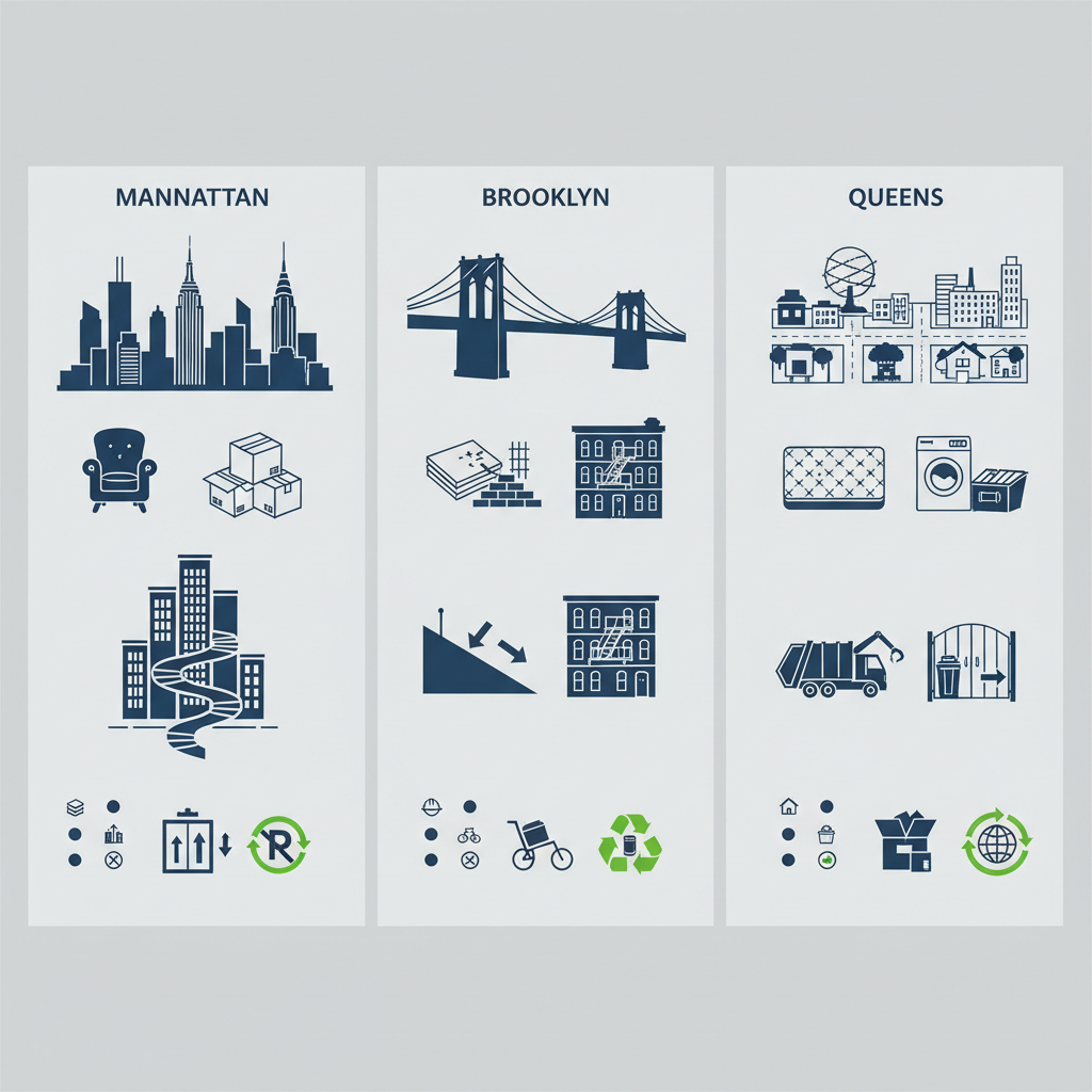 Infographic illustrating junk removal challenges and solutions in Manhattan, Brooklyn, and Queens NYC areas