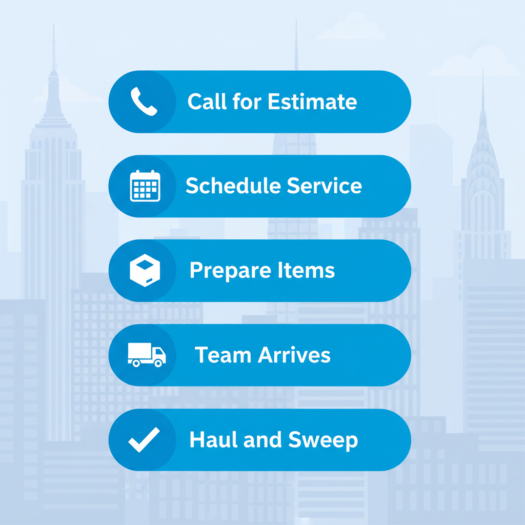 Vertical process flow diagram showing five steps for arranging junk removal service in New York City, with icons for each stage.