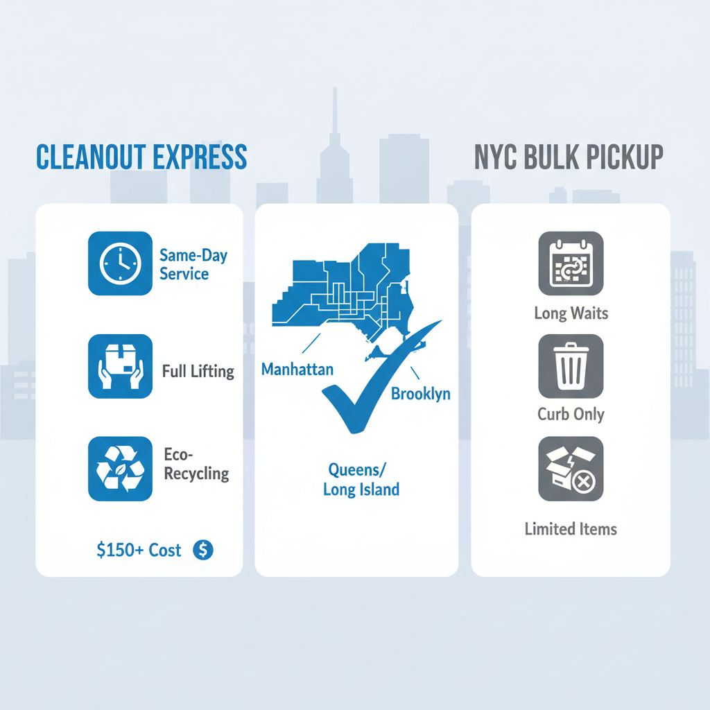 Infographic comparing Cleanout Express junk removal services to NYC bulk pickup options in major boroughs and areas