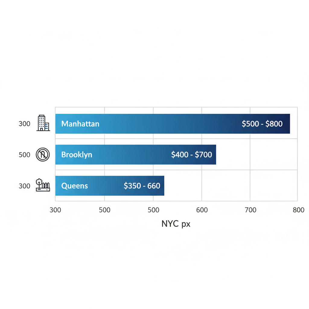Horizontal bar chart comparing junk removal costs in Manhattan, Brooklyn, and Queens boroughs of New York City