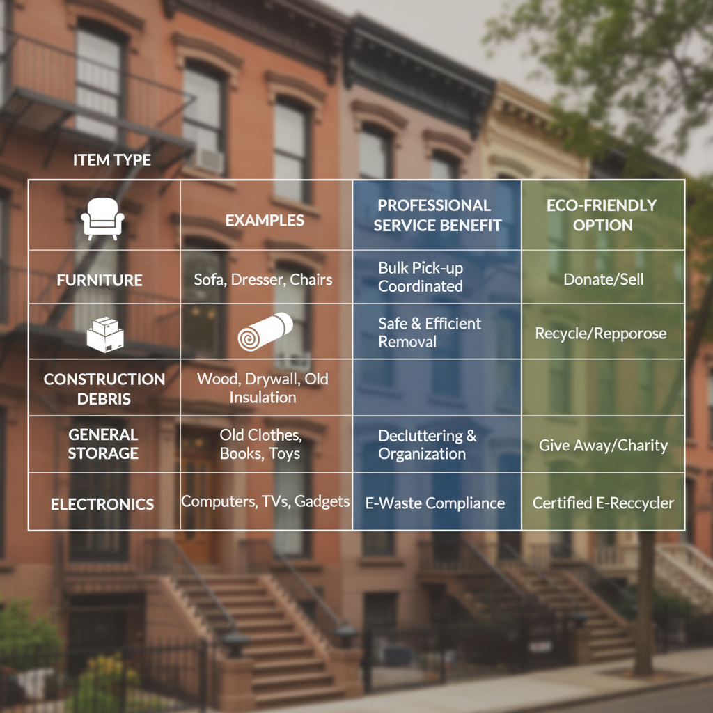 Infographic showing attic junk categories, examples, professional benefits, and eco-friendly disposal options in Brooklyn.
