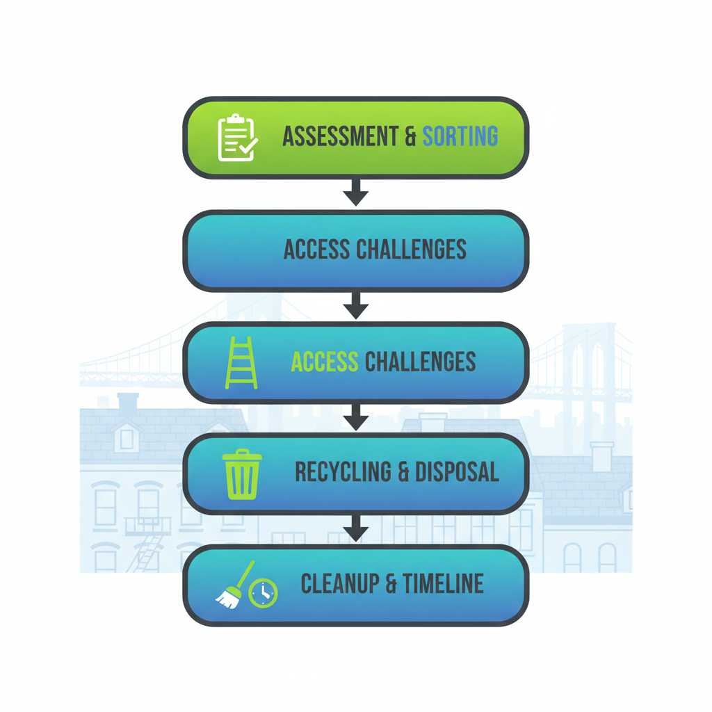 Vertical process flow chart of attic junk removal steps in Brooklyn, with icons for assessment, access, disposal, and cleanup, emphasizing safe asbestos handling.