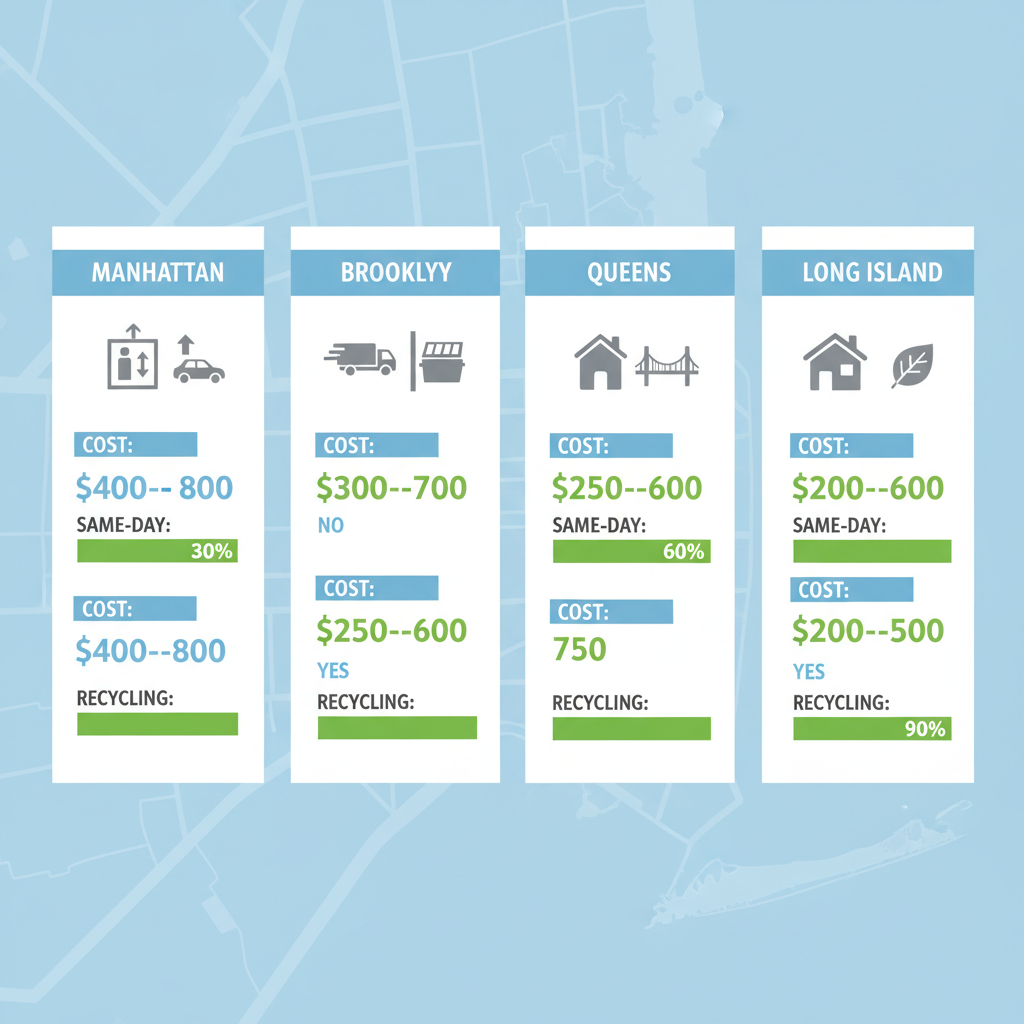 Infographic comparing rubbish removal options, costs, and eco-friendly features in New York City areas like Manhattan, Brooklyn, Queens, and Long Island