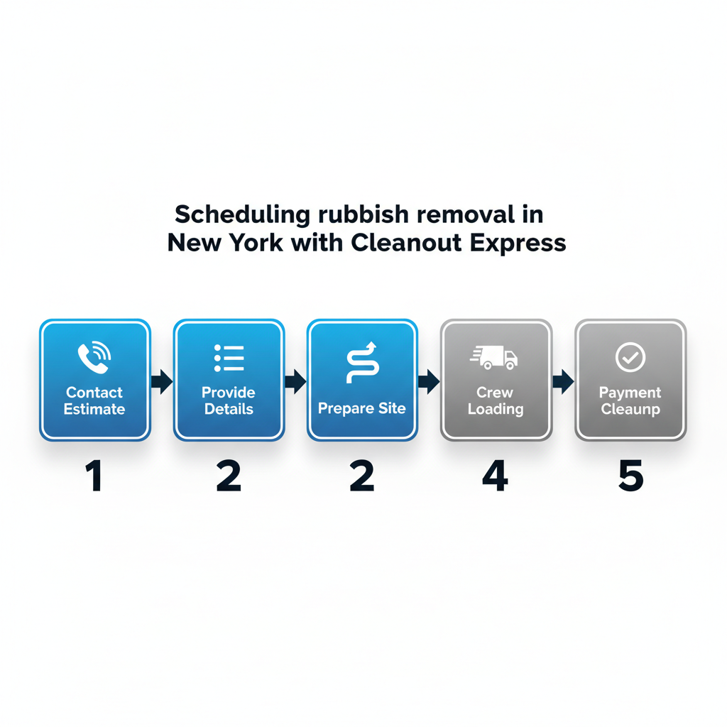 Horizontal process flow diagram showing five steps to schedule rubbish removal in New York: contact for estimate, provide details, prepare site, crew arrival and loading, payment and cleanup.