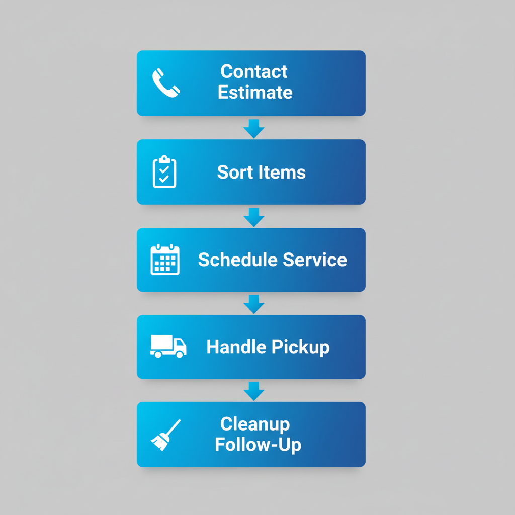 Vertical process flow diagram illustrating five steps for scheduling junk hauling in Brooklyn with icons and minimal labels.