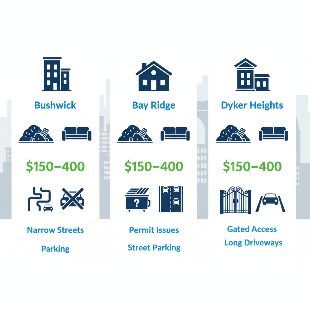 Infographic showing junk removal needs and costs in Brooklyn neighborhoods: Bushwick, Bay Ridge, and Dyker Heights