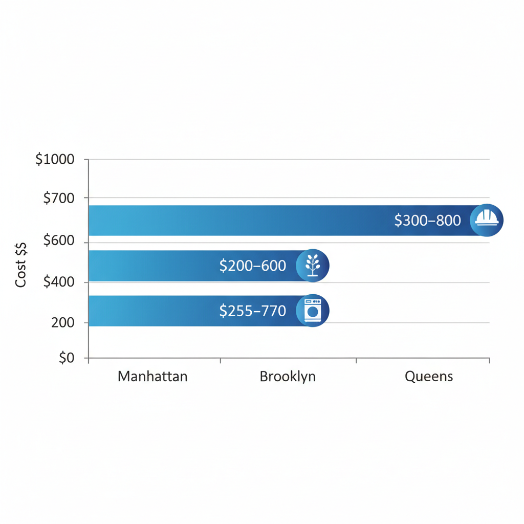 Horizontal bar chart comparing debris removal costs in Manhattan ($300-$800), Brooklyn ($200-$600), and Queens ($250-$700) with icons for construction, yard waste, and appliances.