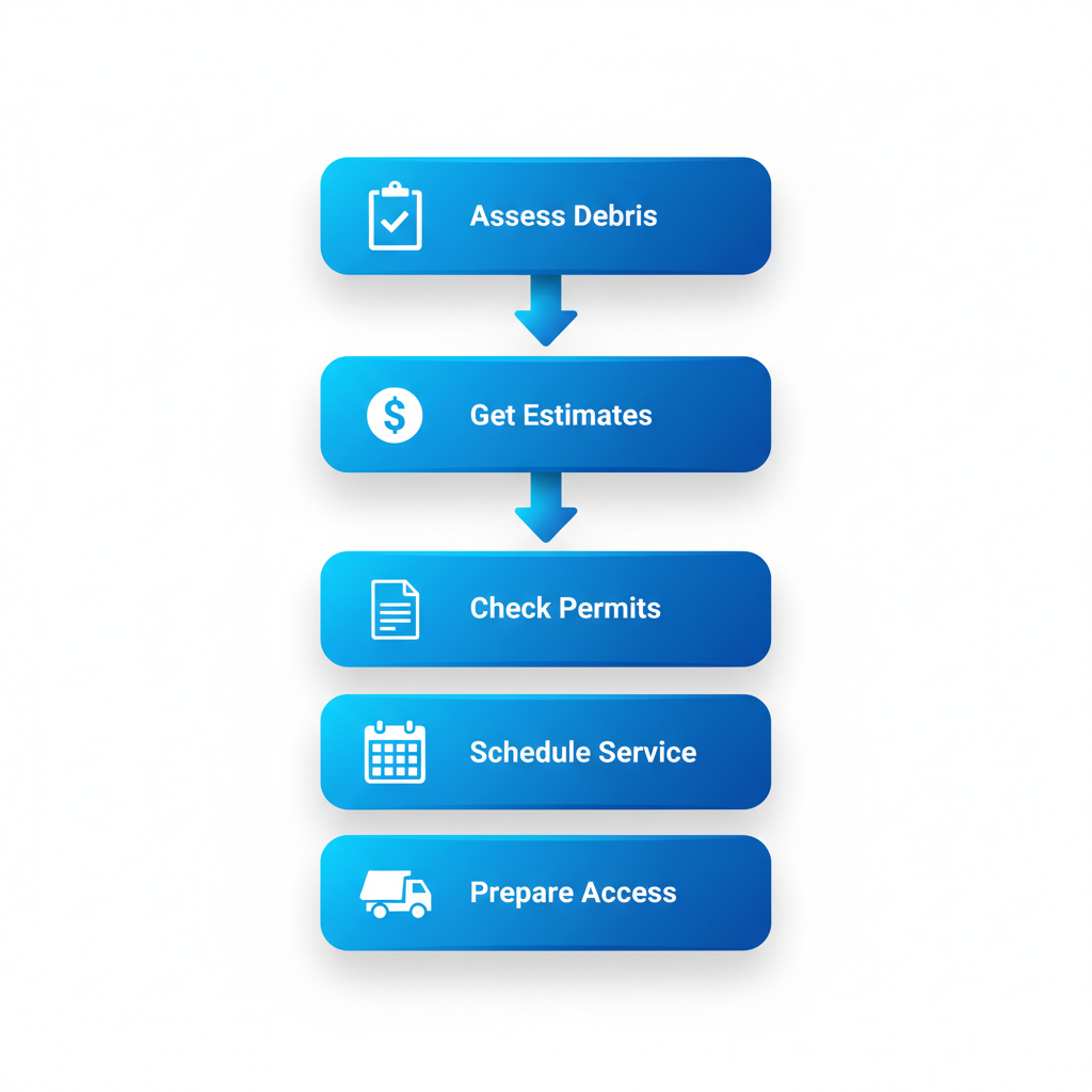 Vertical process flow diagram illustrating five steps for starting debris removal in New York City with icons and brief labels