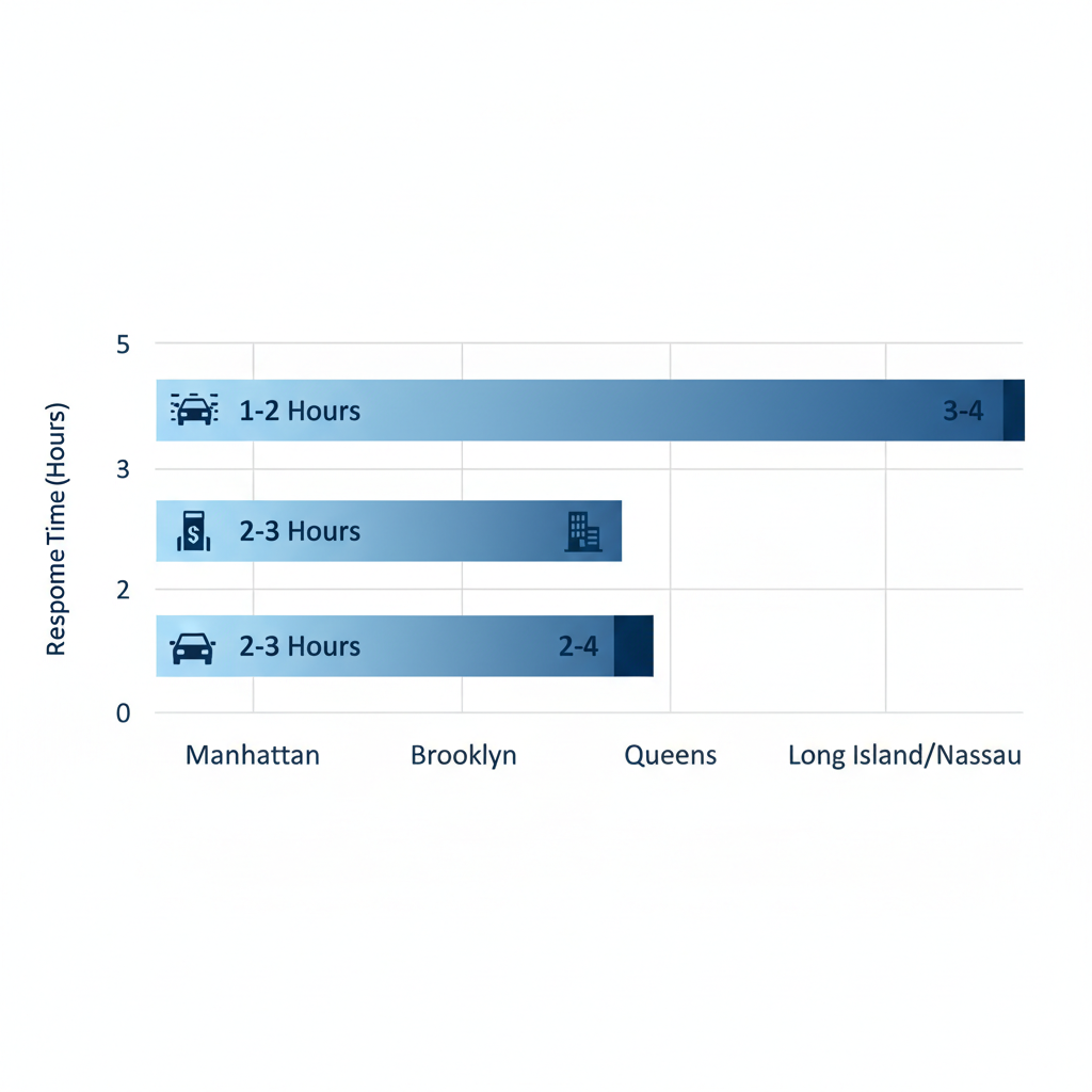 Bar chart illustrating average response times for emergency junk removal in Manhattan, Brooklyn, Queens, and Long Island areas.