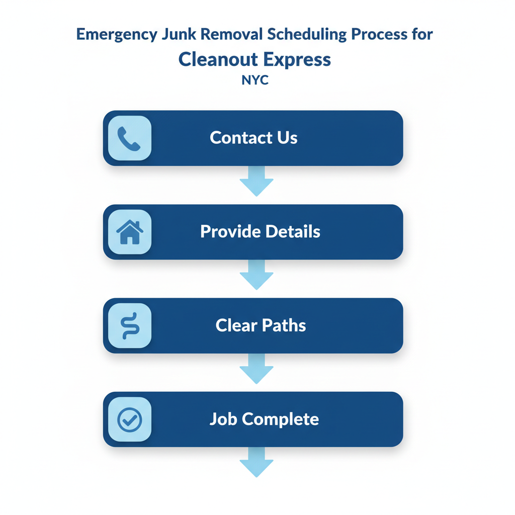 Vertical process flow diagram illustrating five steps to schedule emergency junk removal: contact by phone or online, provide property details, clear access paths, team arrival, and job completion with sweep.