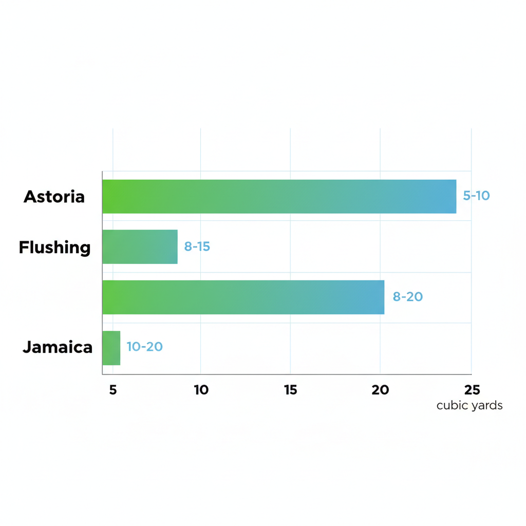 Horizontal bar chart showing average rubbish removal volumes in Astoria, Flushing, and Jamaica neighborhoods of Queens.