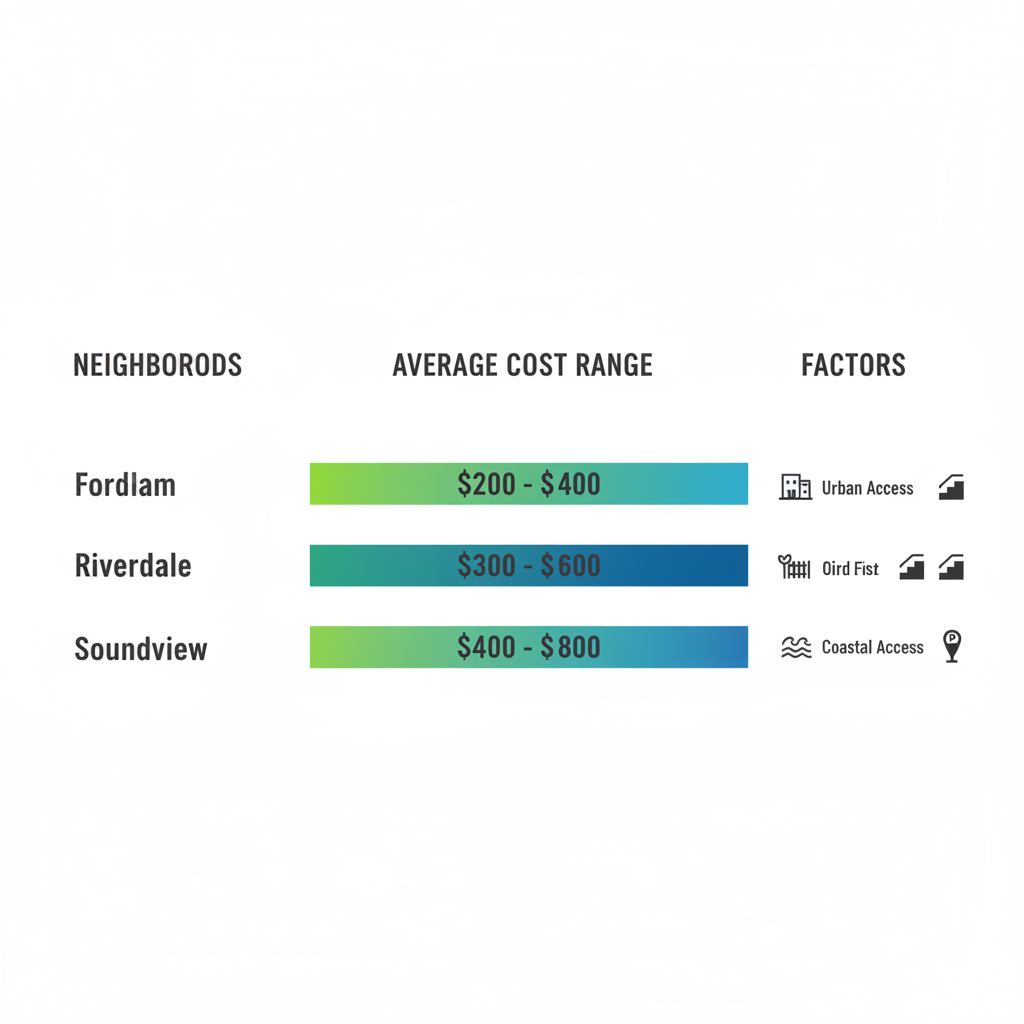 Infographic comparing junk removal costs in Bronx neighborhoods Fordham, Riverdale, and Soundview with bar charts and access factors.