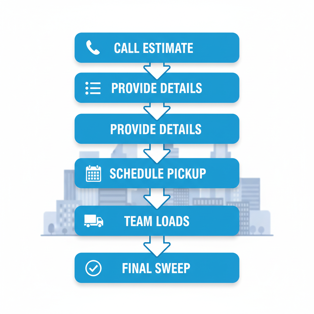 Vertical process flow diagram showing five steps for starting junk removal service in the Bronx: call for estimate, provide details, schedule pickup, team loads junk, final sweep and payment.