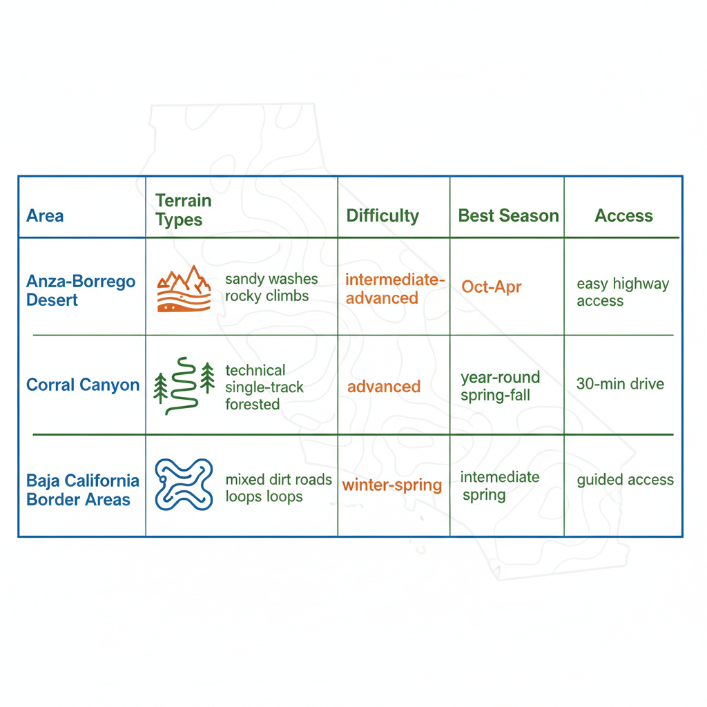 Infographic table comparing enduro terrain areas around San Diego including Anza-Borrego, Corral Canyon, and Baja California border with terrain details and access notes.