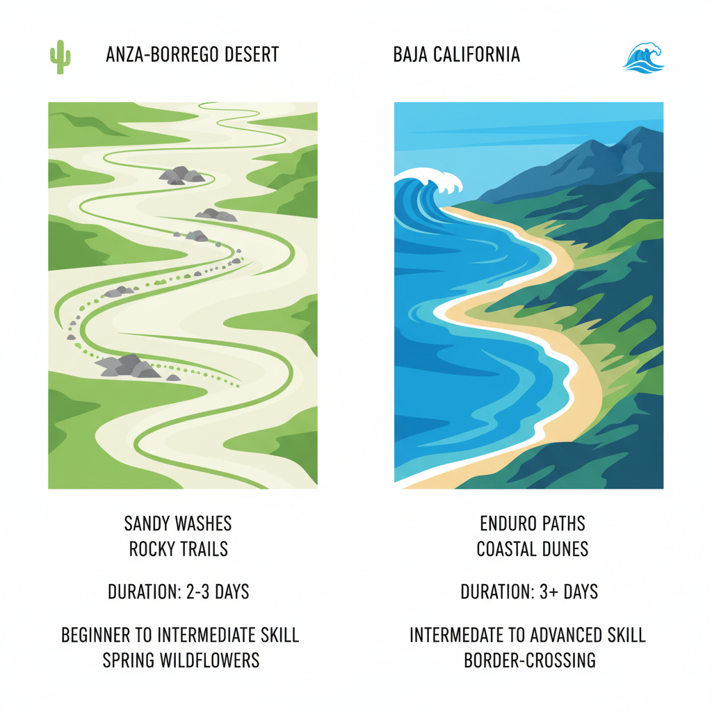 Infographic comparing Anza-Borrego Desert and Baja California terrains for dual sport adventures near San Diego