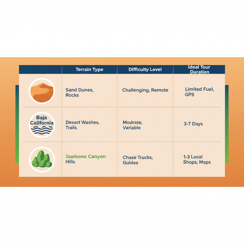 Infographic table comparing enduro riding areas in California including terrain, difficulty, duration, and support features for Death Valley, Baja California, and Jawbone Canyon.