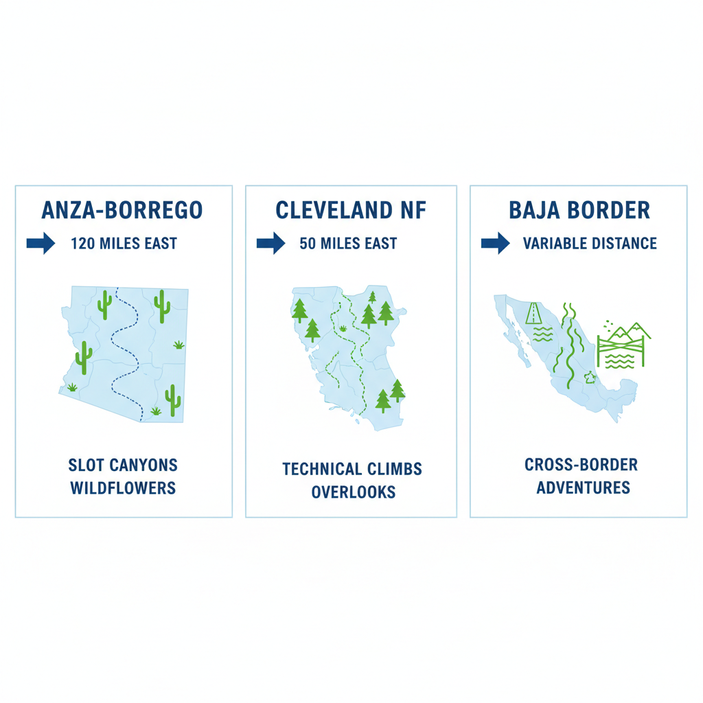 Infographic comparing three key dual sport riding areas near San Diego