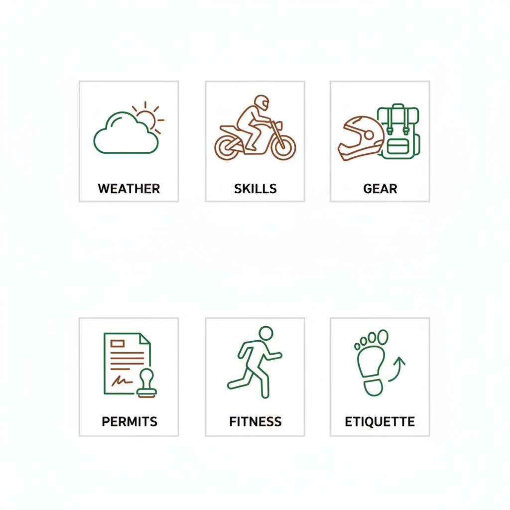 Grid of six icons illustrating preparation essentials for dual sport motorcycle tours