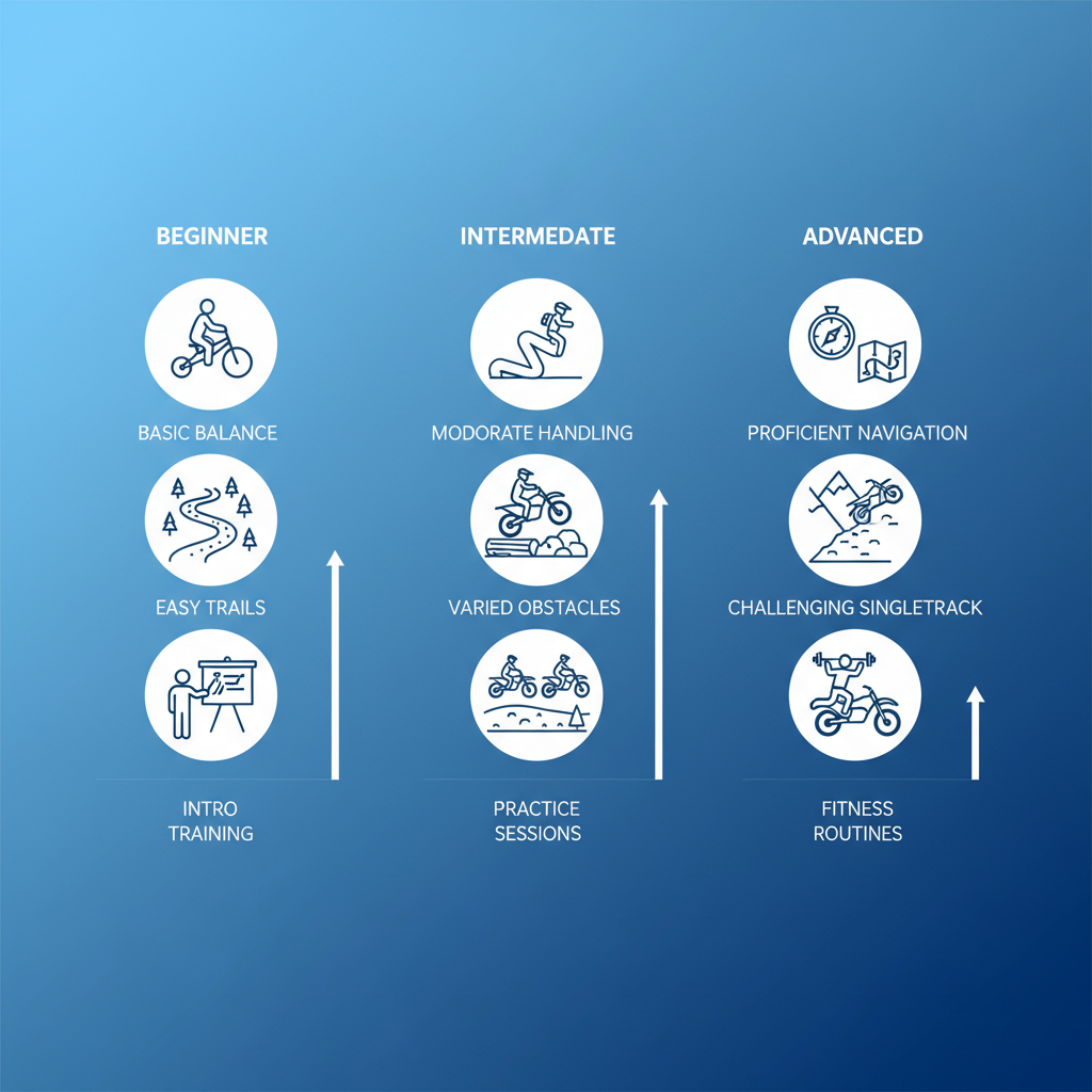 Infographic comparing beginner, intermediate, and advanced enduro tour skill levels with icons, labels, and progress bars