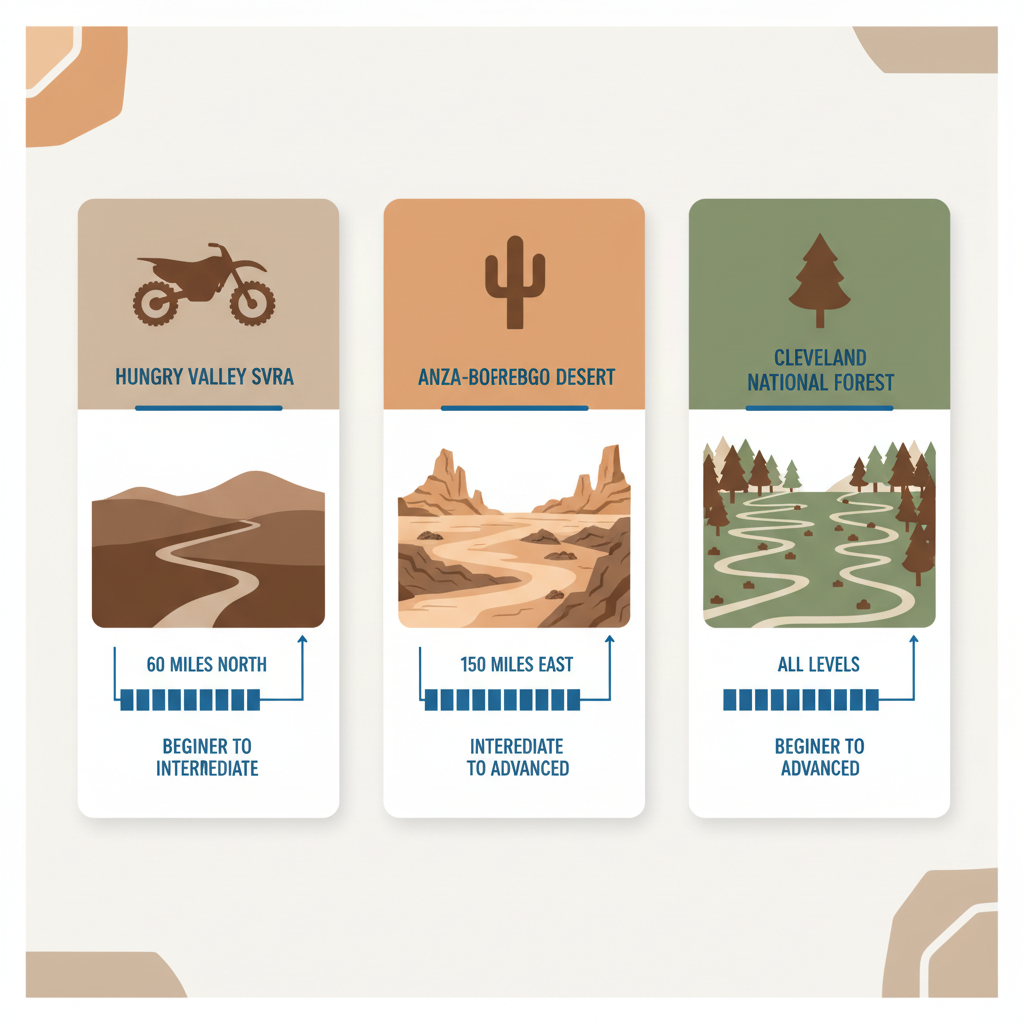 Infographic comparing three dual sport routes near Los Angeles: Hungry Valley SVRA, Anza-Borrego Desert, and Cleveland National Forest, with icons, distances, and difficulty levels.