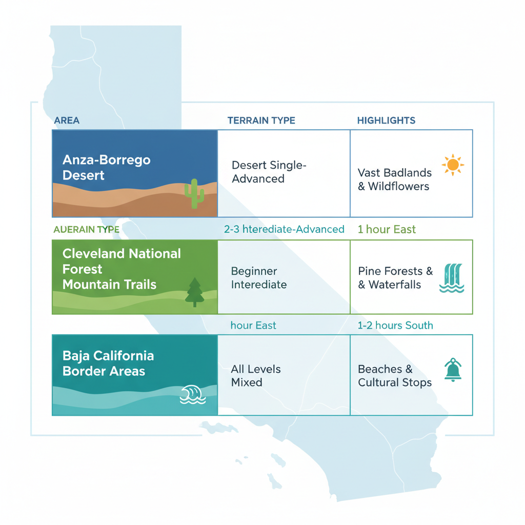 Infographic table comparing three dual sport terrain areas near San Diego: Anza-Borrego Desert, Cleveland National Forest, and Baja California Border Areas, with terrain types, difficulty levels, distances, and highlights.