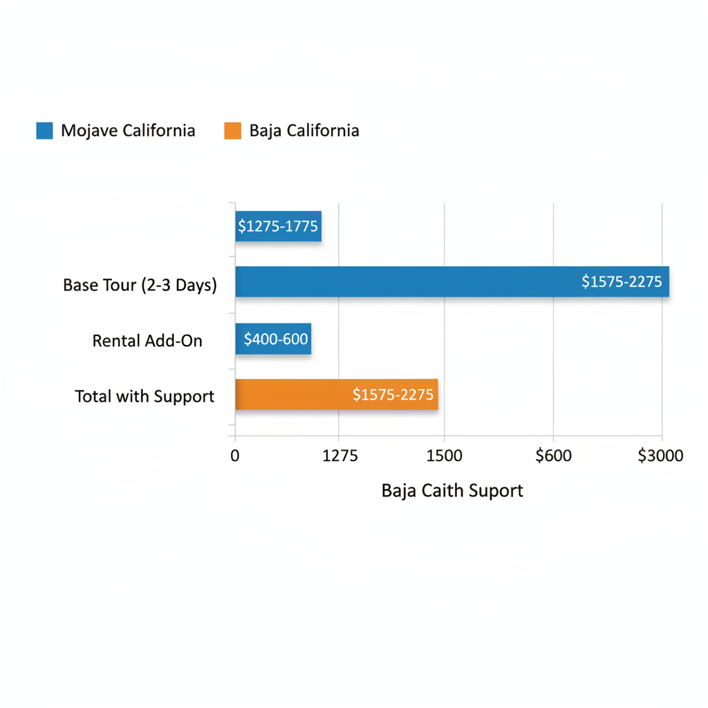 Horizontal bar chart comparing cost breakdowns for dual sport desert tours in Mojave and Baja California, showing base tour, rental add-on, and total support costs in USD ranges.